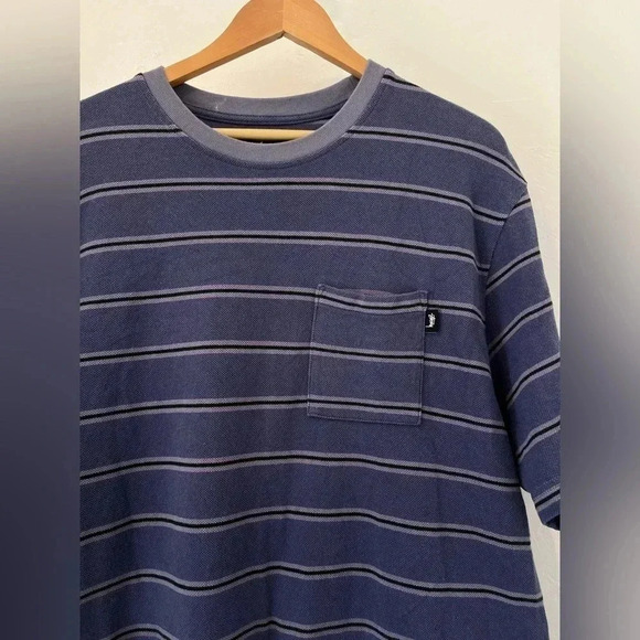 STUSSY PEAK STRIPE T-SHIRT NAVY SIZE 2XL MENS FRONT POCKET‎ RETRO LOOK - Picture 4 of 10